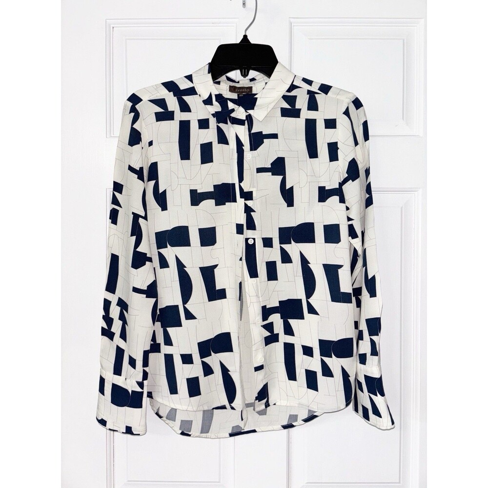 Crosby Blue and Cream Blouse Geometric Pattern Small